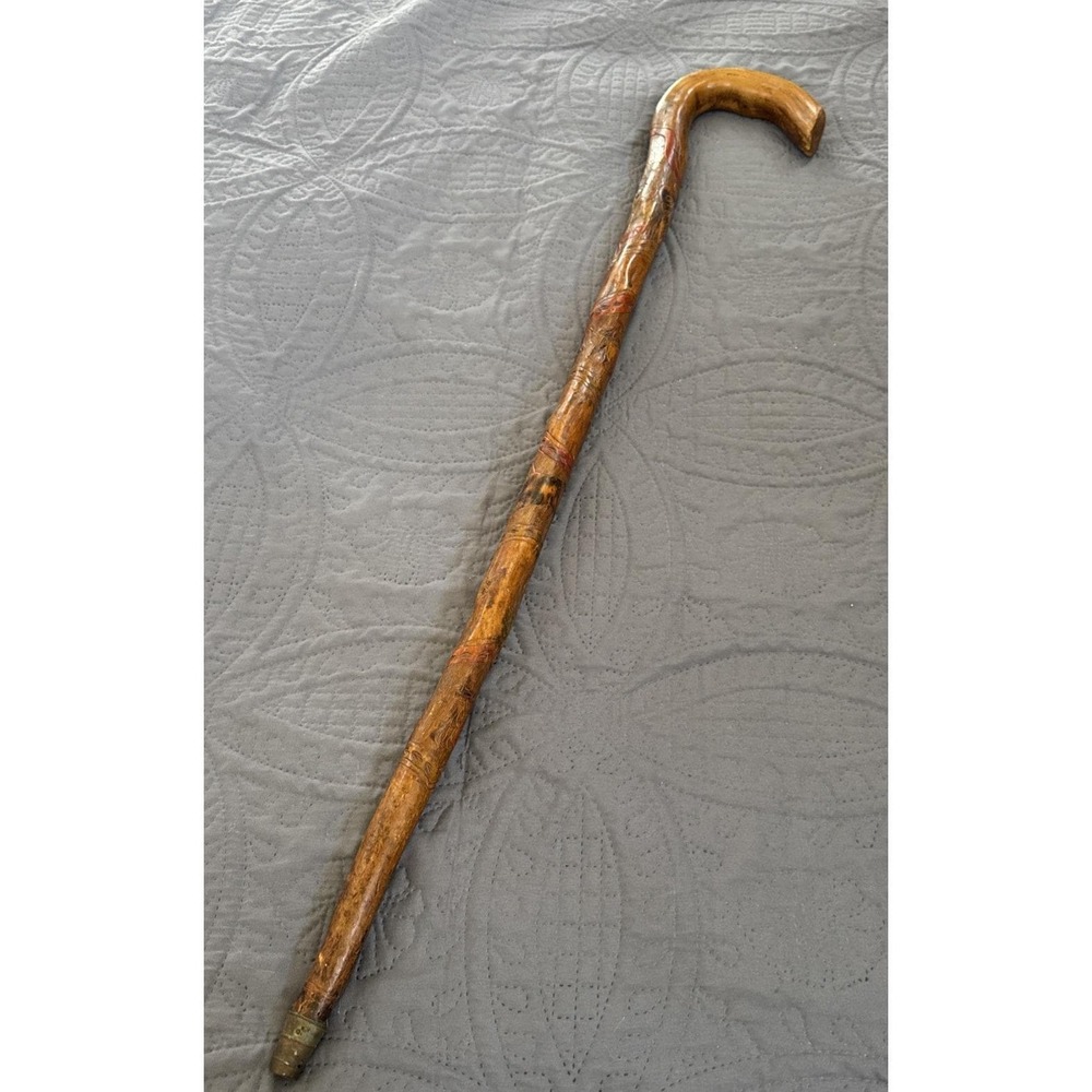 Heavily Hand Carved Horn Tip Wood Cane Walking Stick 36" Vintage Antique